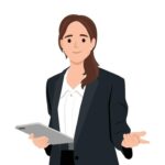 Illustration of young woman company worker smiling and holding digital tablet standing